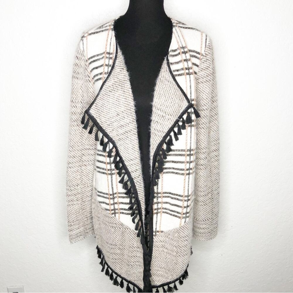 TJD The Jetset Diaries Carvan white black gold plaid tassel cardigan Large NWT